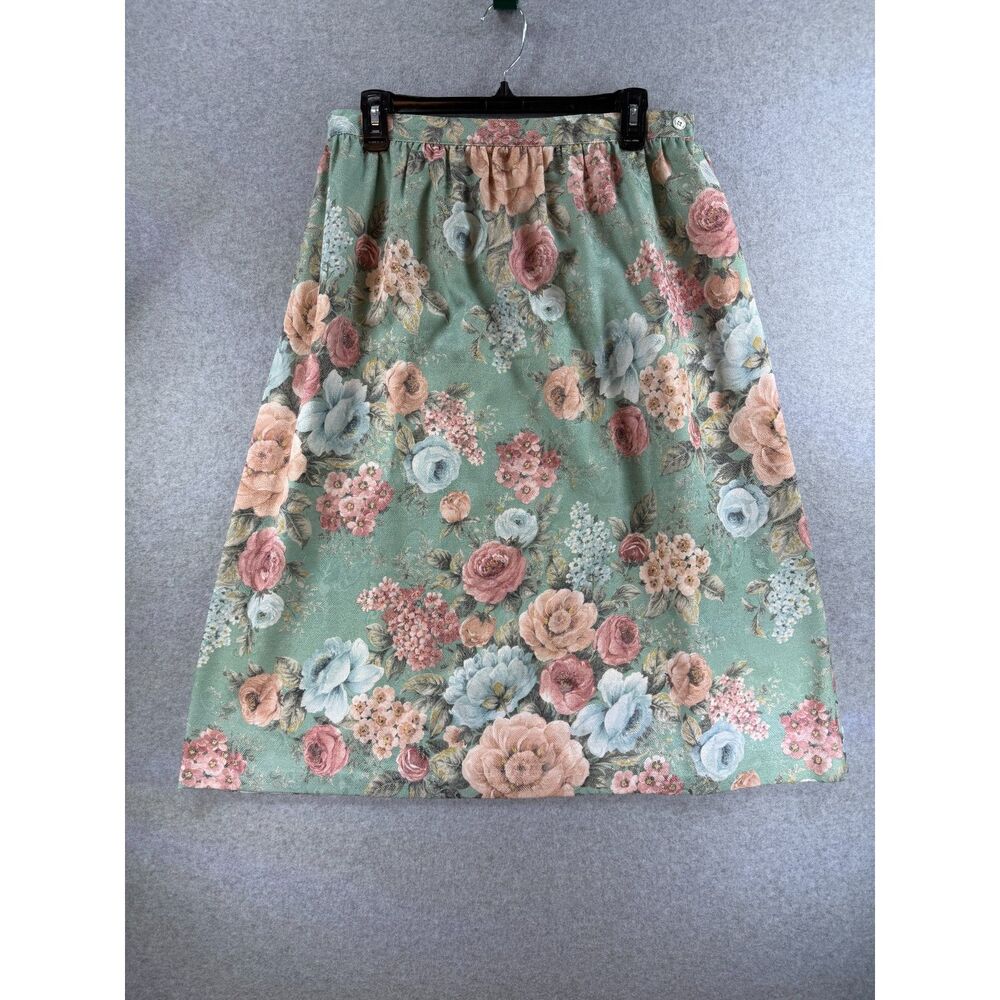 Vintage Alfred Dunner Petite 14 Floral Green Midi A-Line Skirt USA 3371